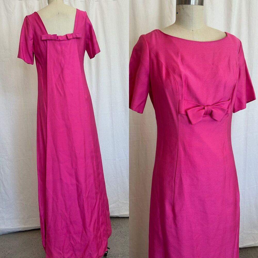 Vintage Women’s Small Flamingo Pink 1960s Bow Detail Maxi Dress